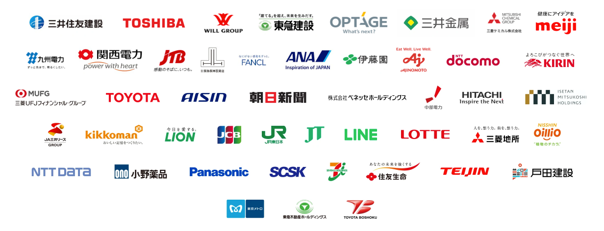 Logos of selected AlphaDrive group clients in Japan: large enterprises in construction, energy, finance, food and beverage, manufacturing, retail, telecommunications and transport.